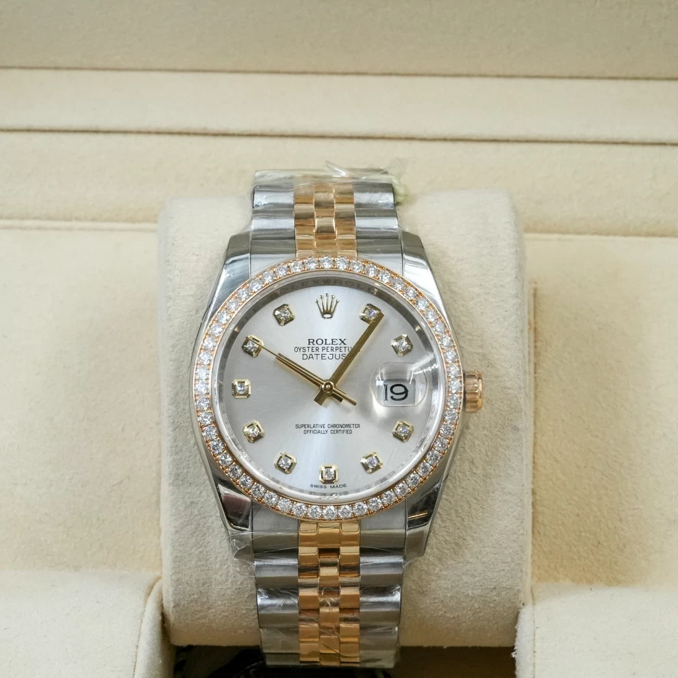     ساعة رولكس ديت جست ثنائية اللون بمينا وإطار من الماس 