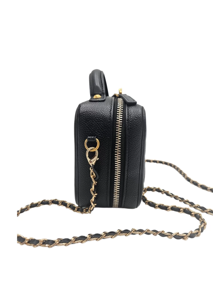     Chanel Black Quilted Caviar Leather Small CC Filigree Vanity Case Bag 