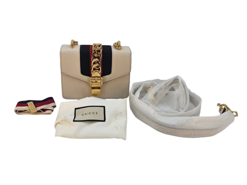     Gucci Offwhite Leather small  Web Chain Sylvie Shoulder Bag 