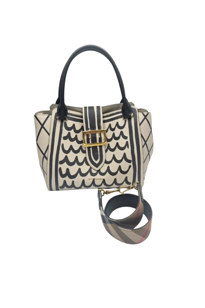     Burberry  Soft Grain Calfskin L'oeil Print Medium Buckle Tote Limestone 