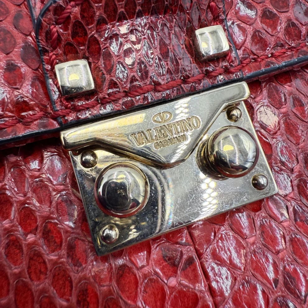    Valentino Red Rockstud Python Small Glam Lock Flap Bag 