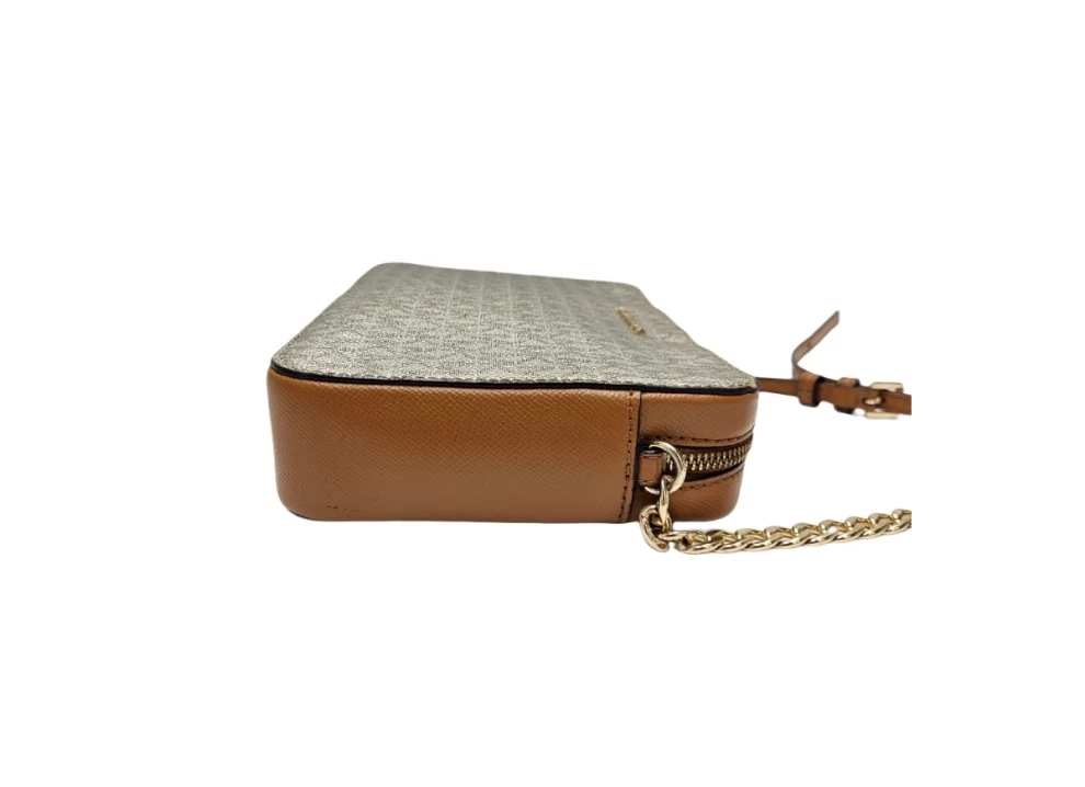     حقيبة كروس بودي إيست ويست من مايكل كورس باللونين البني والأبيض مصنوعة من القماش والجلد 