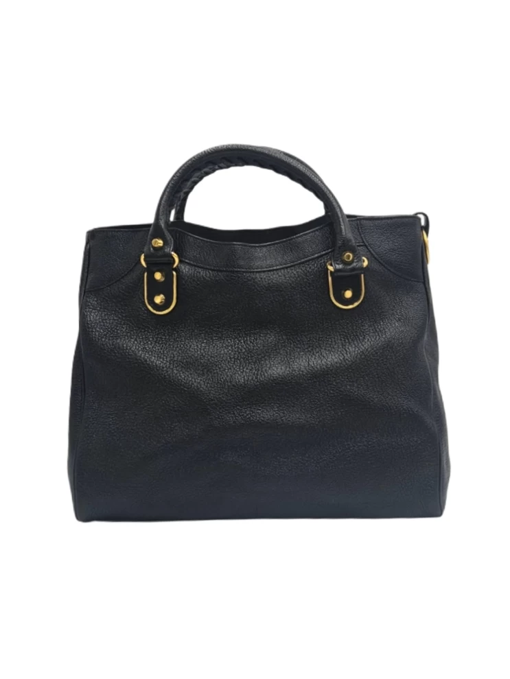     حقيبة بالنسياغا سيتي الكلاسيكية ذات الحافة المعدنية من الجلد الأسود 