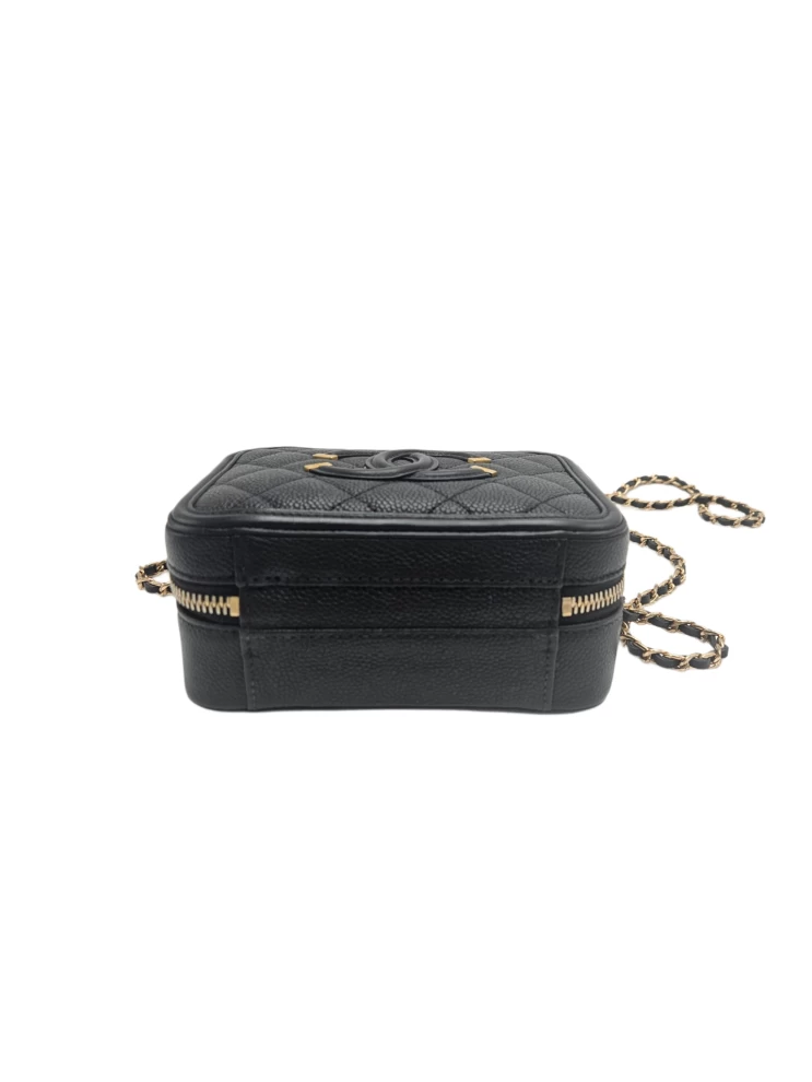     Chanel Black Quilted Caviar Leather Small CC Filigree Vanity Case Bag 