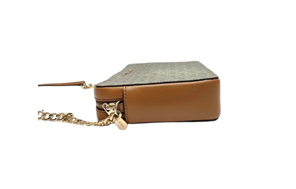     حقيبة كروس بودي إيست ويست من مايكل كورس باللونين البني والأبيض مصنوعة من القماش والجلد 