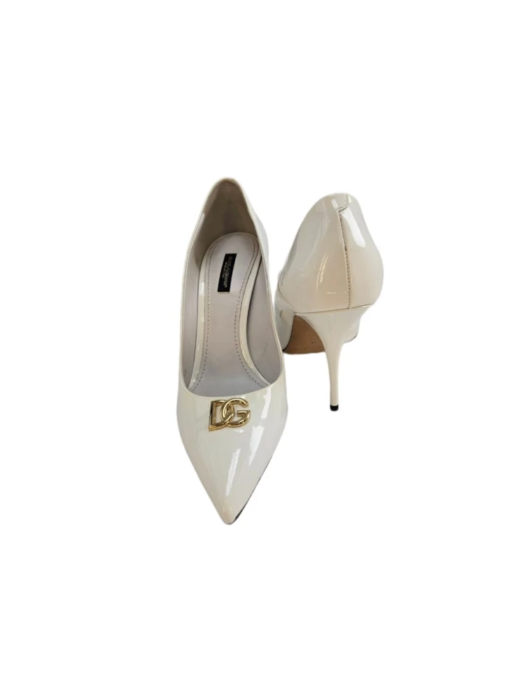     Dolce & Gabbana White Leather DG Logo 85 mm Cardinale Pointed Toe Pumps Size EU 40 101012406 