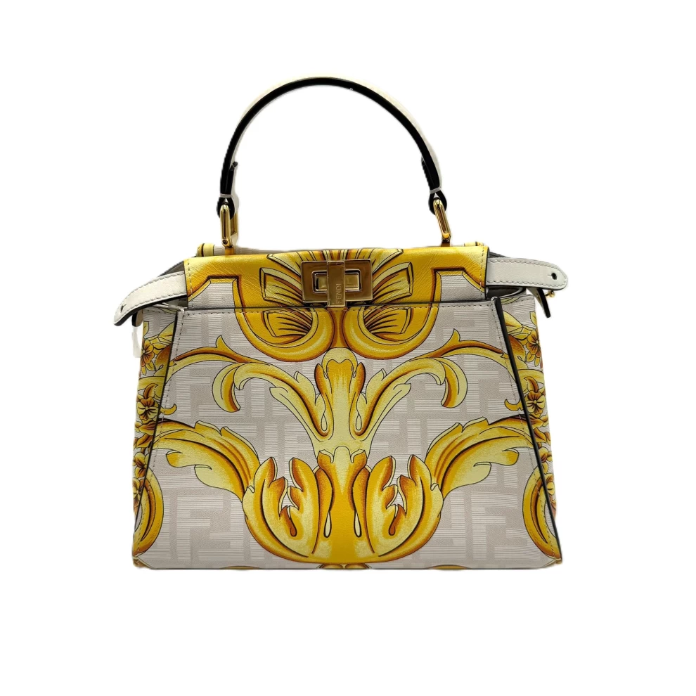     Fendi x Versace Yellow/White Zucca Baroque Print Leather Mini Fendace Peekaboo Top Handle Bag 