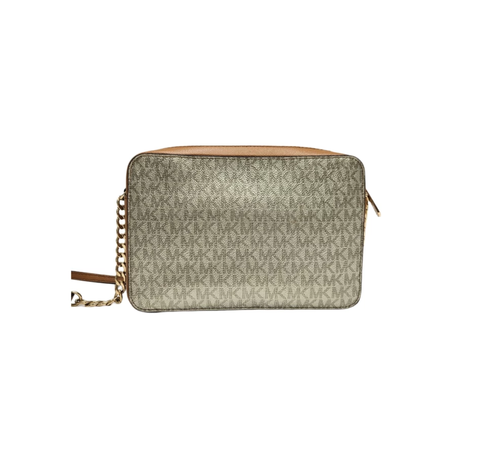     حقيبة كروس بودي إيست ويست من مايكل كورس باللونين البني والأبيض مصنوعة من القماش والجلد 