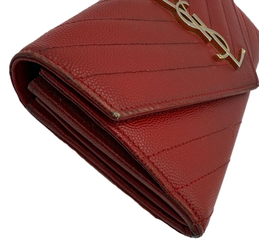     Saint Laurent Dark Red Matelasse Leather Monogram Envelope Wallet on Chain 