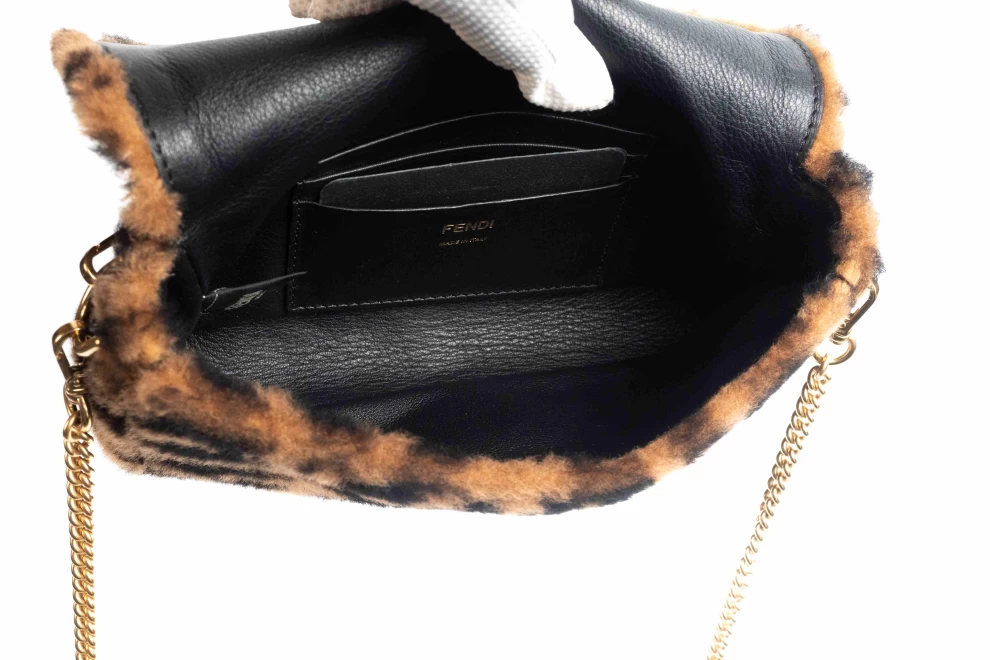 Fendi Brown Sheepskin Mini Baguette Bag