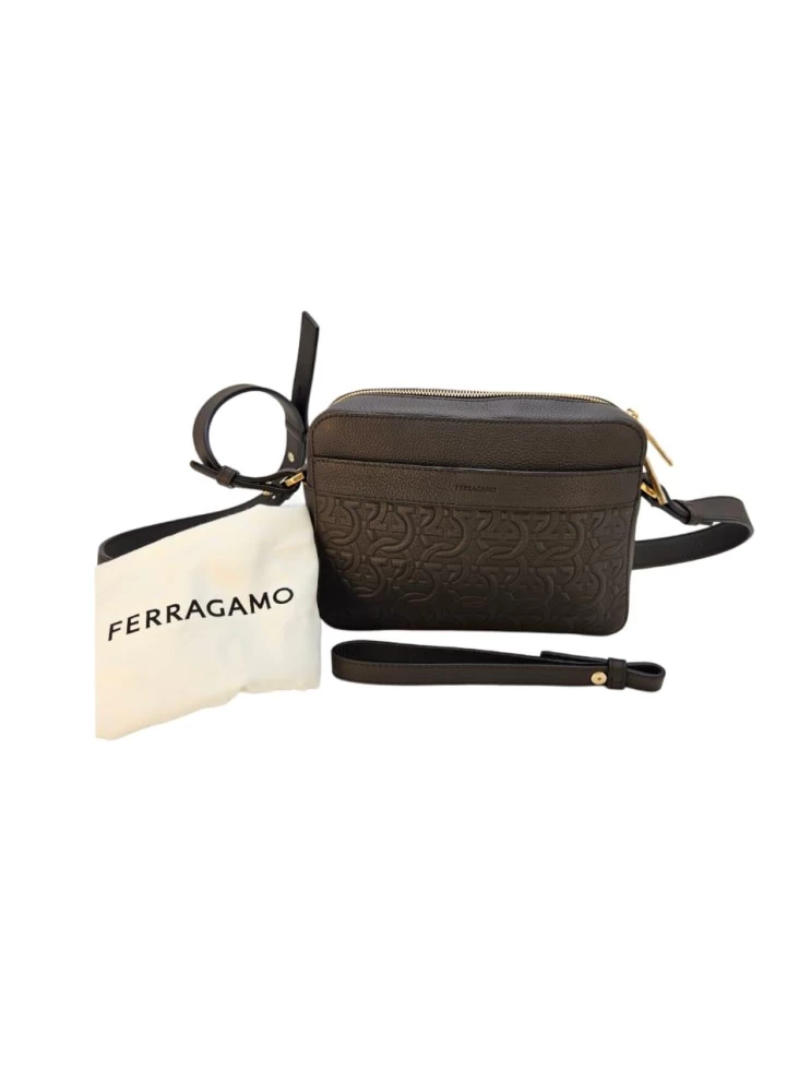     Ferragamo Black Embossed Gancini Crossbody Bag 