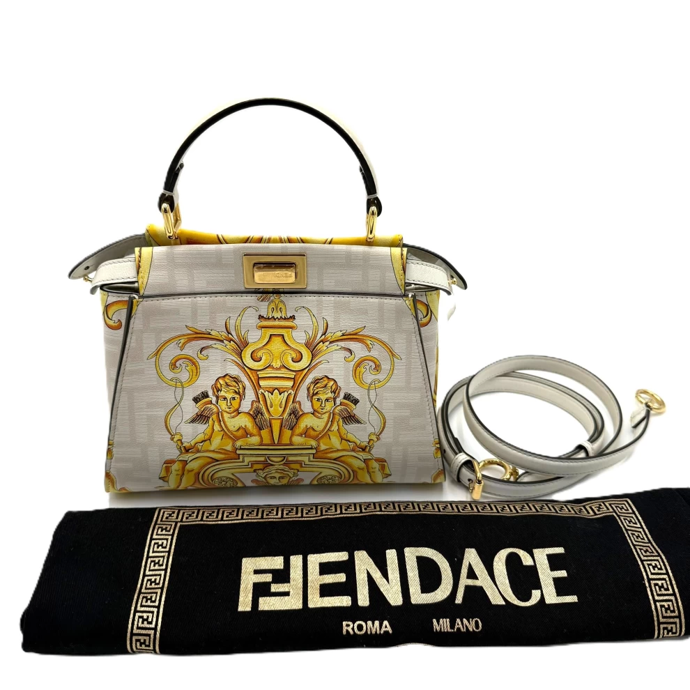     Fendi x Versace Yellow/White Zucca Baroque Print Leather Mini Fendace Peekaboo Top Handle Bag 