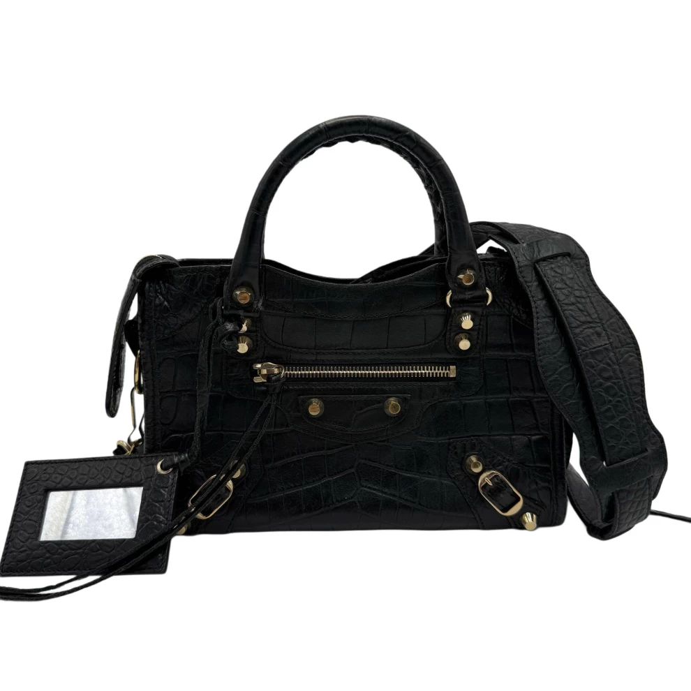     Balenciaga Black Croc Embossed Leather Mini GH Classic City Bag 