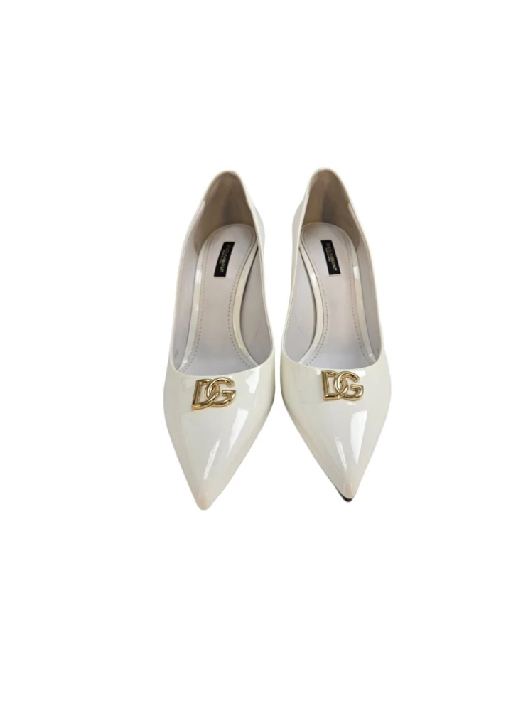     Dolce & Gabbana White Leather DG Logo 85 mm Cardinale Pointed Toe Pumps Size EU 40 101012406 