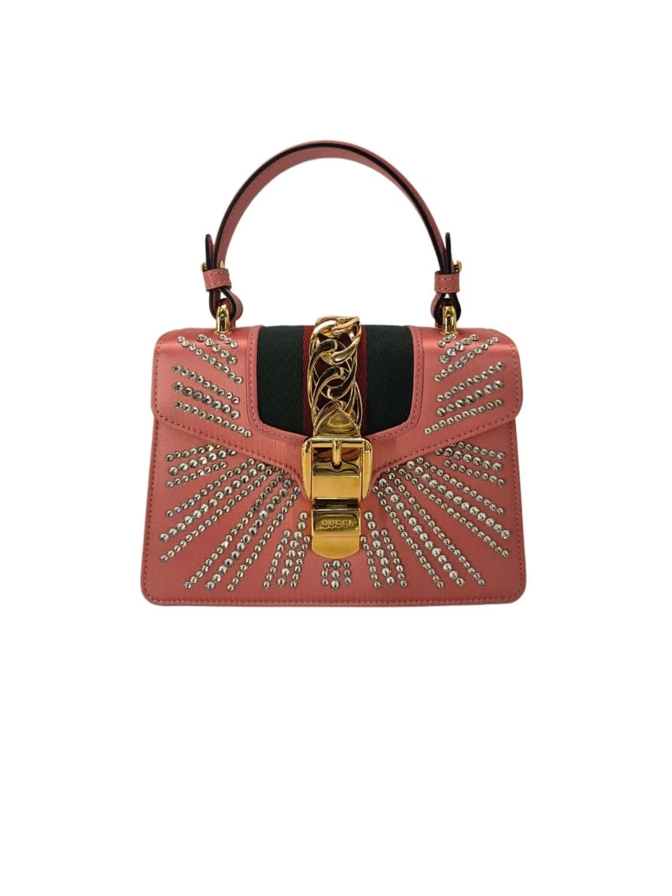     حقيبة غوتشي سيلفي صغيرة وردية اللون مزينة بالكريستال الوردي ومصنوعة من الساتان والجلد ومقبض علوي وسلسلة ويب 