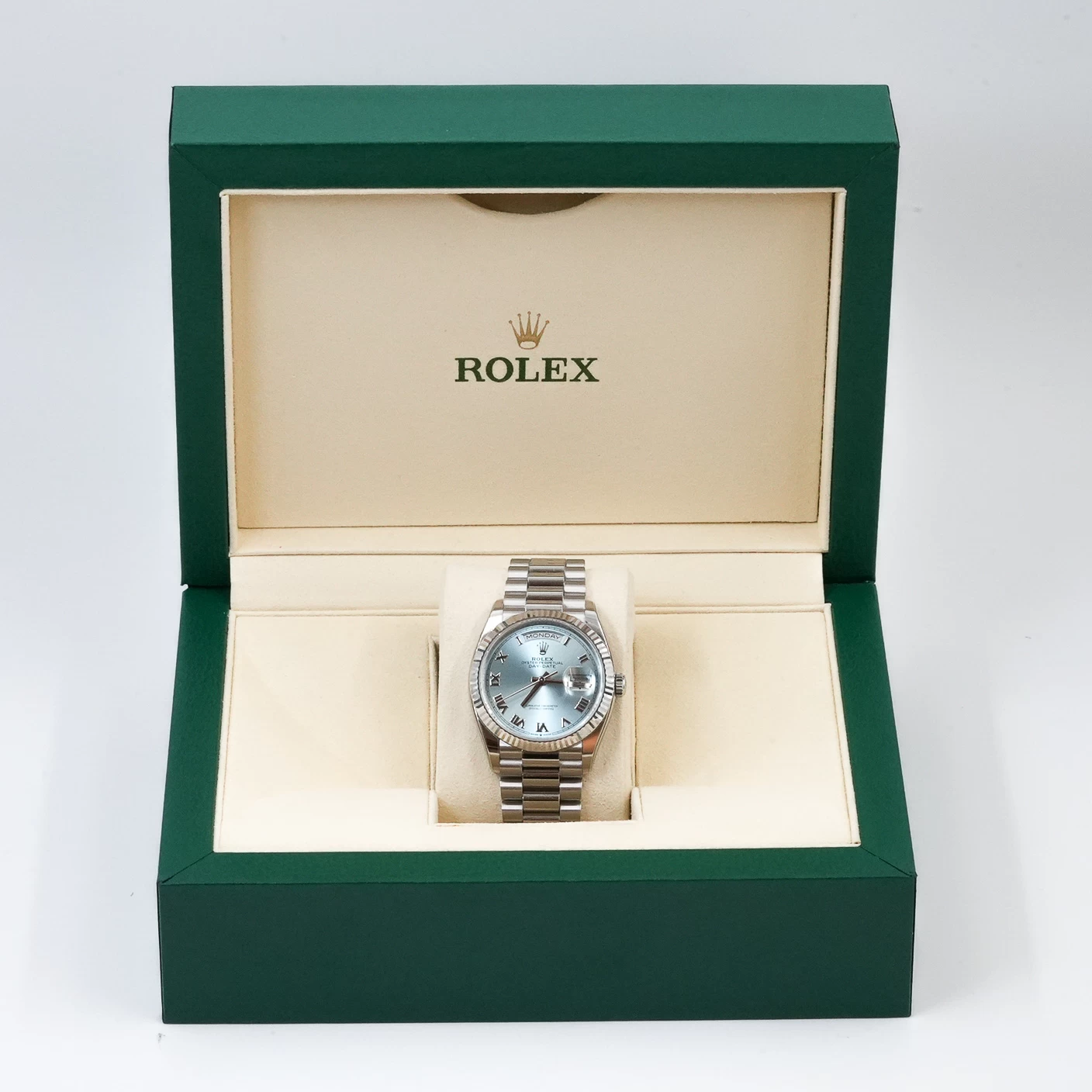     Rolex Day-Date 36 in Platinum with Ice-Blue Roman Dial - Women's Watch 
