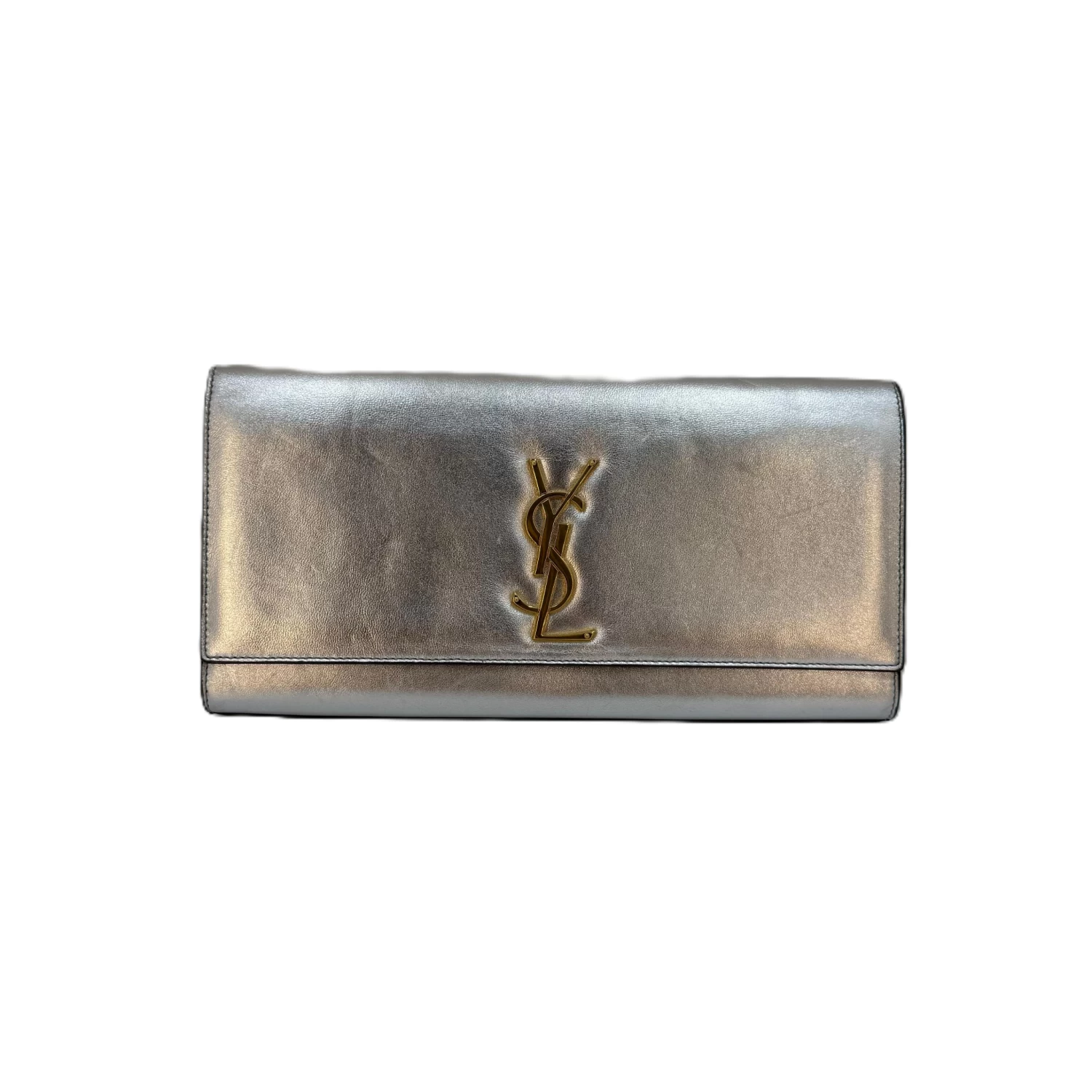     حقيبة كلاتش كيت من سان لوران، فضية معدنية، قابلة للطي 