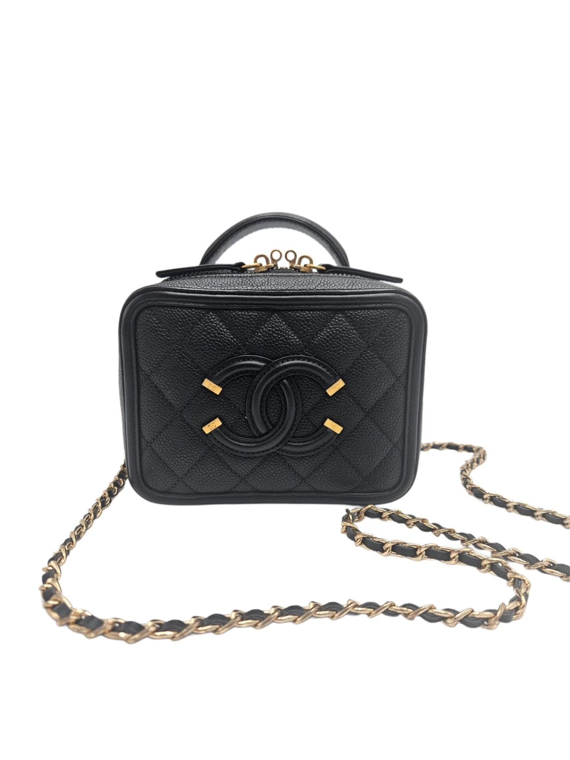     Chanel Black Quilted Caviar Leather Small CC Filigree Vanity Case Bag 