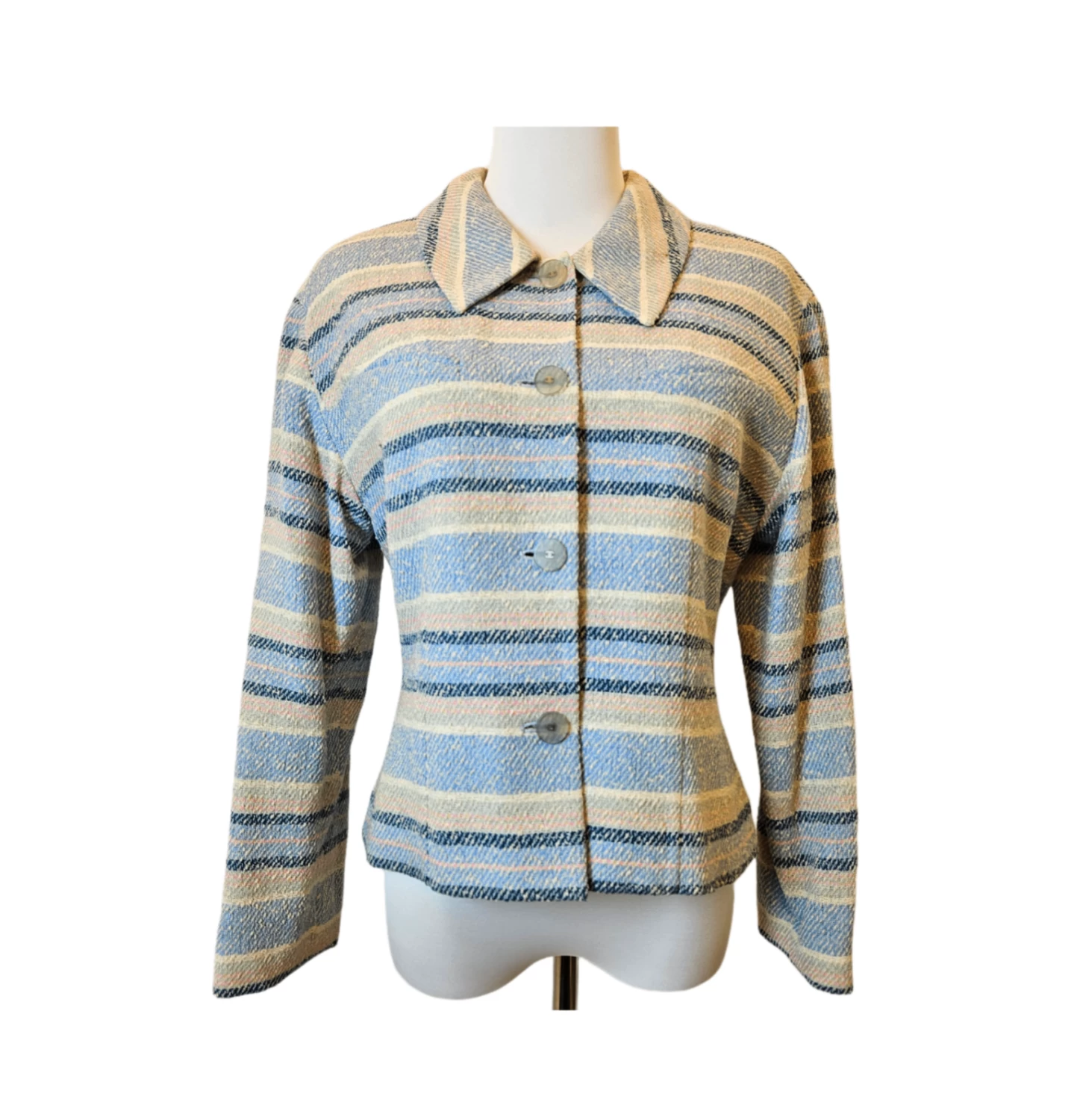     جاكيت شانيل أيدنتيفيكيشن من الصوف التويد المخطط باللونين الأزرق والكريمي 