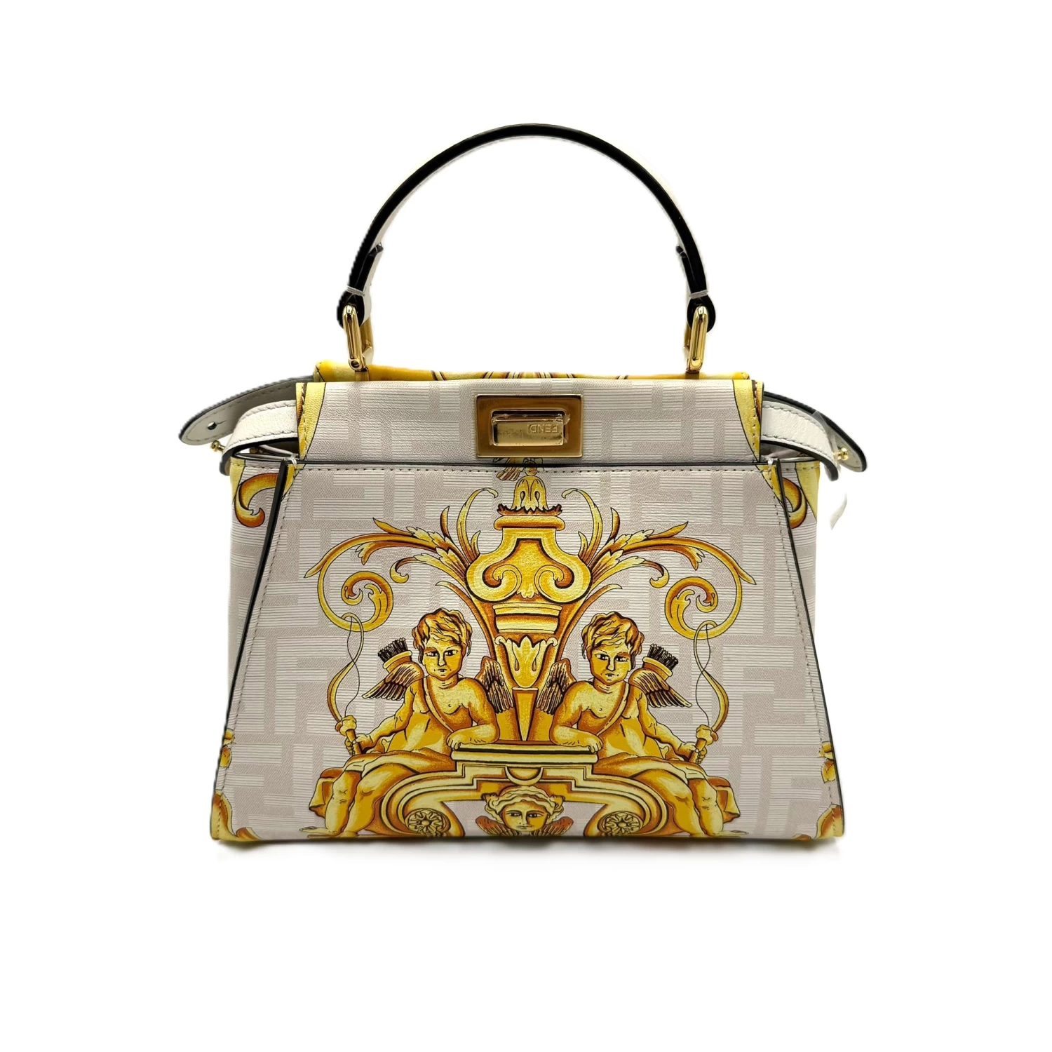     Fendi x Versace Yellow/White Zucca Baroque Print Leather Mini Fendace Peekaboo Top Handle Bag 