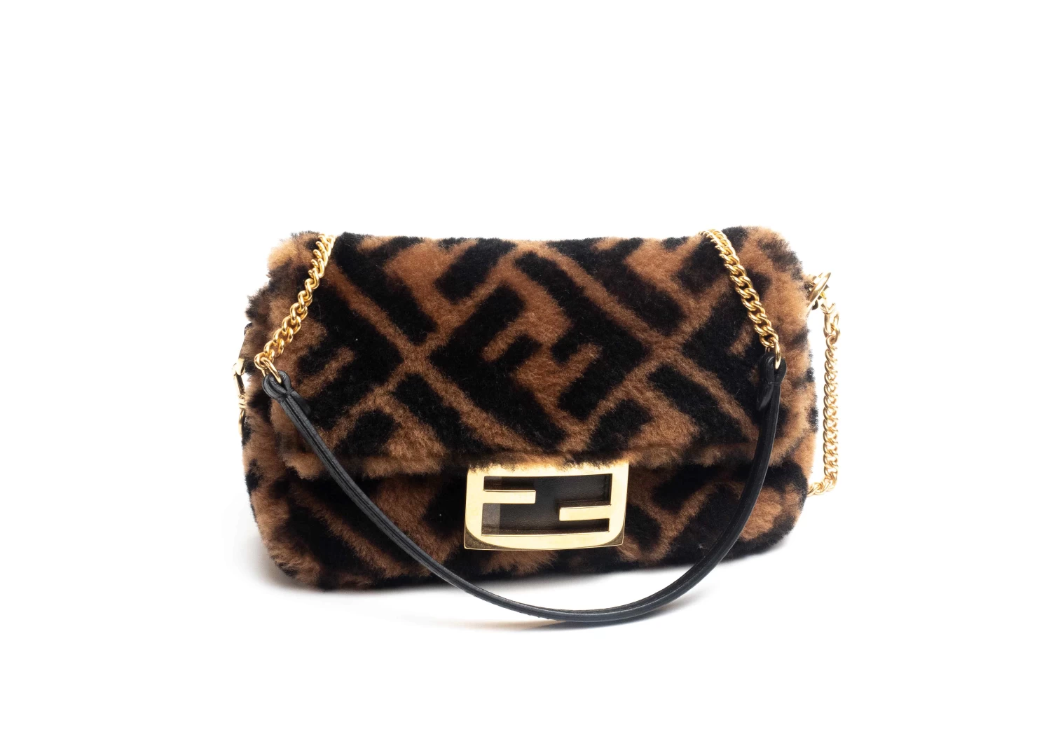 Fendi Brown Sheepskin Mini Baguette Bag