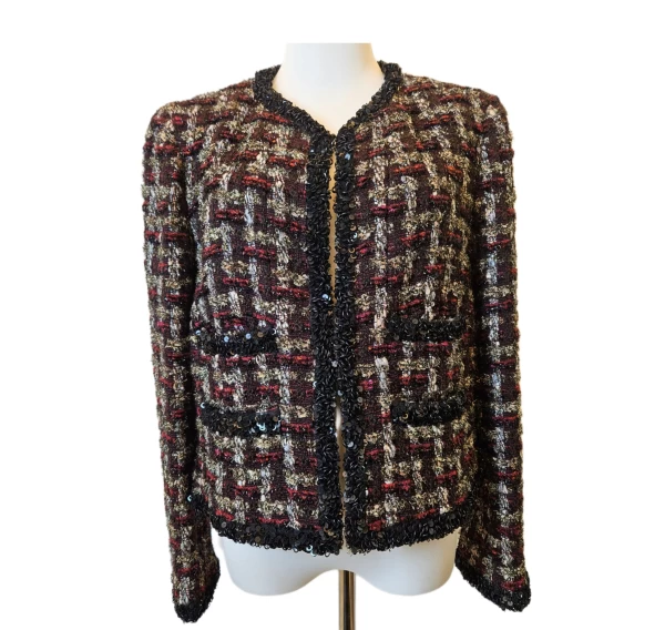 Chanel 2002 Fall Cropped Holiday Tweed Jacket W Matte and Shiny Sequin Trim Size 44