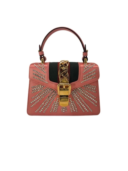 Gucci Pink Crystal Embellished Satin and Leather Small pink Web Chain Sylvie Top Handle Bag