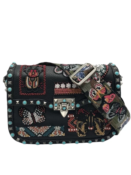 Valentino In Calf Skin Leather Beaded Patch Rolling Rockstud Black Color Medium Shoulder Bag