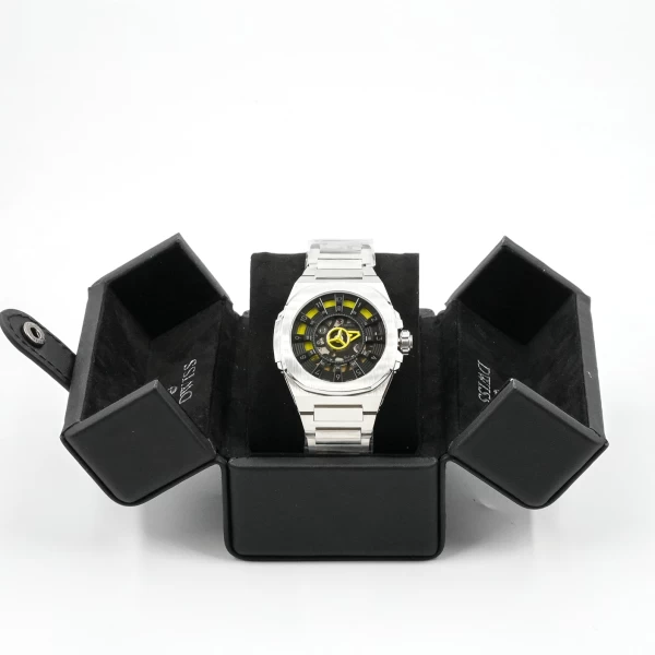 M35- Black dial watch \ yellow Accents with Rubber+ steel