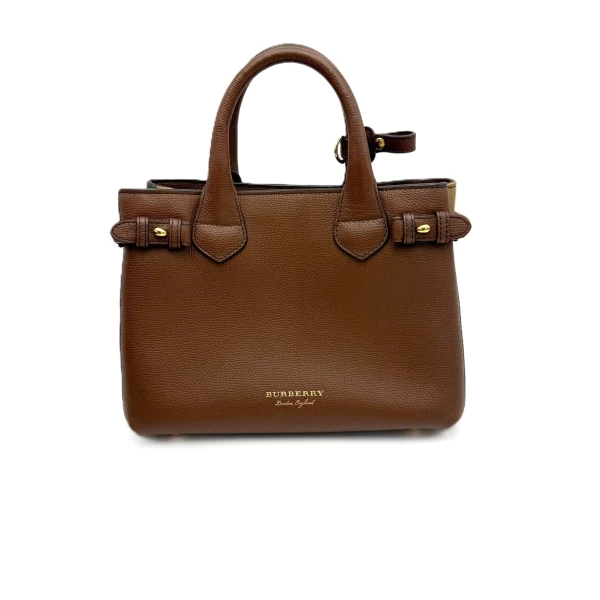 Burberry Tan Leather and House Check Fabric Small Banner Tote