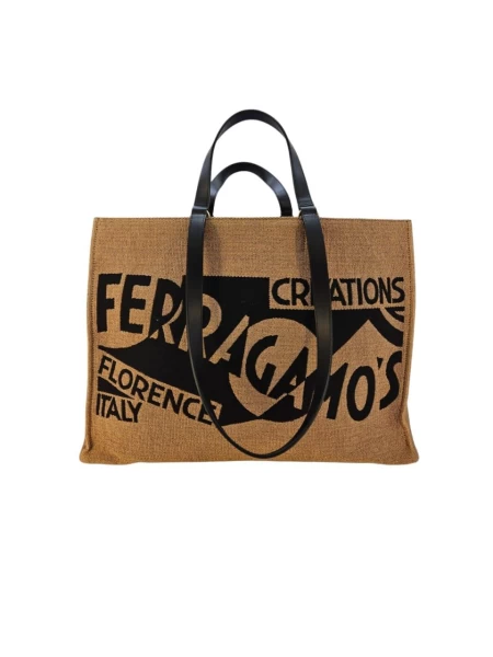 Ferragamo Logo Raffia Effect Fabric Tote Bag XL