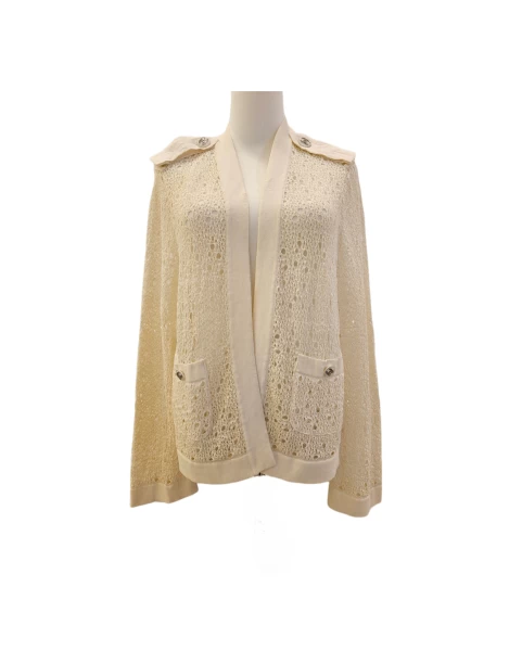 Chanel Off-white Perforated Crochet Knit Open Front Cardigan Size 46 IT
