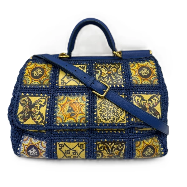 Dolce & Gabbana Blue Raffia and Leather Large Majolica Tile Miss Sicily Top Handle Bag