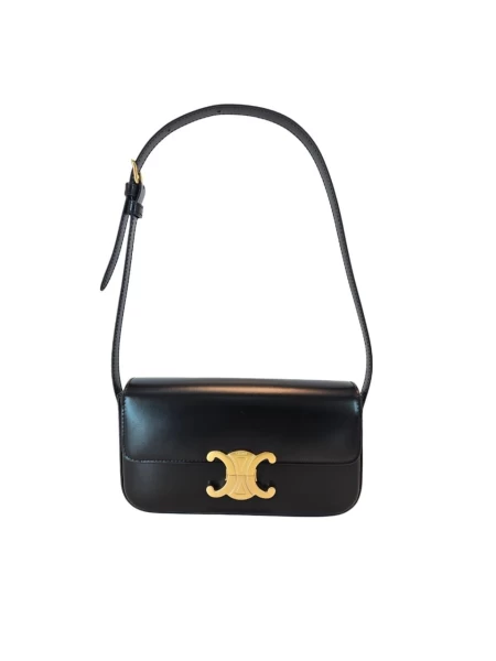 Celine Black Triomphe  Claude in Shiny Calfskin  Shoulder Bag 101013072