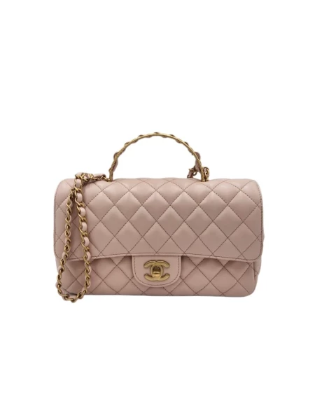 Chanel Light  Pink Lambskin Leather Quilted  Metal Top Handle Chain Flap Bag